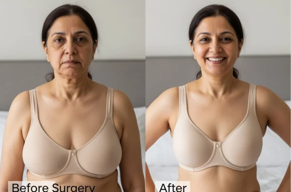 Before and after breast reduction and body contouring results at BodyShaping Clinic Indore by Dr. Nilesh Dehariya – safe cosmetic surgery for natural-looking shape and confidence.